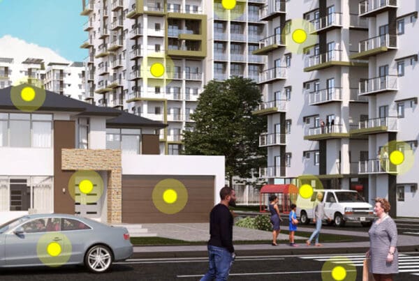 Clickable Coverage® - Landlord and Rental Property Insurance Scene With People Walking Along a Sidewalk and View of Rental Property Buildings in the Distance